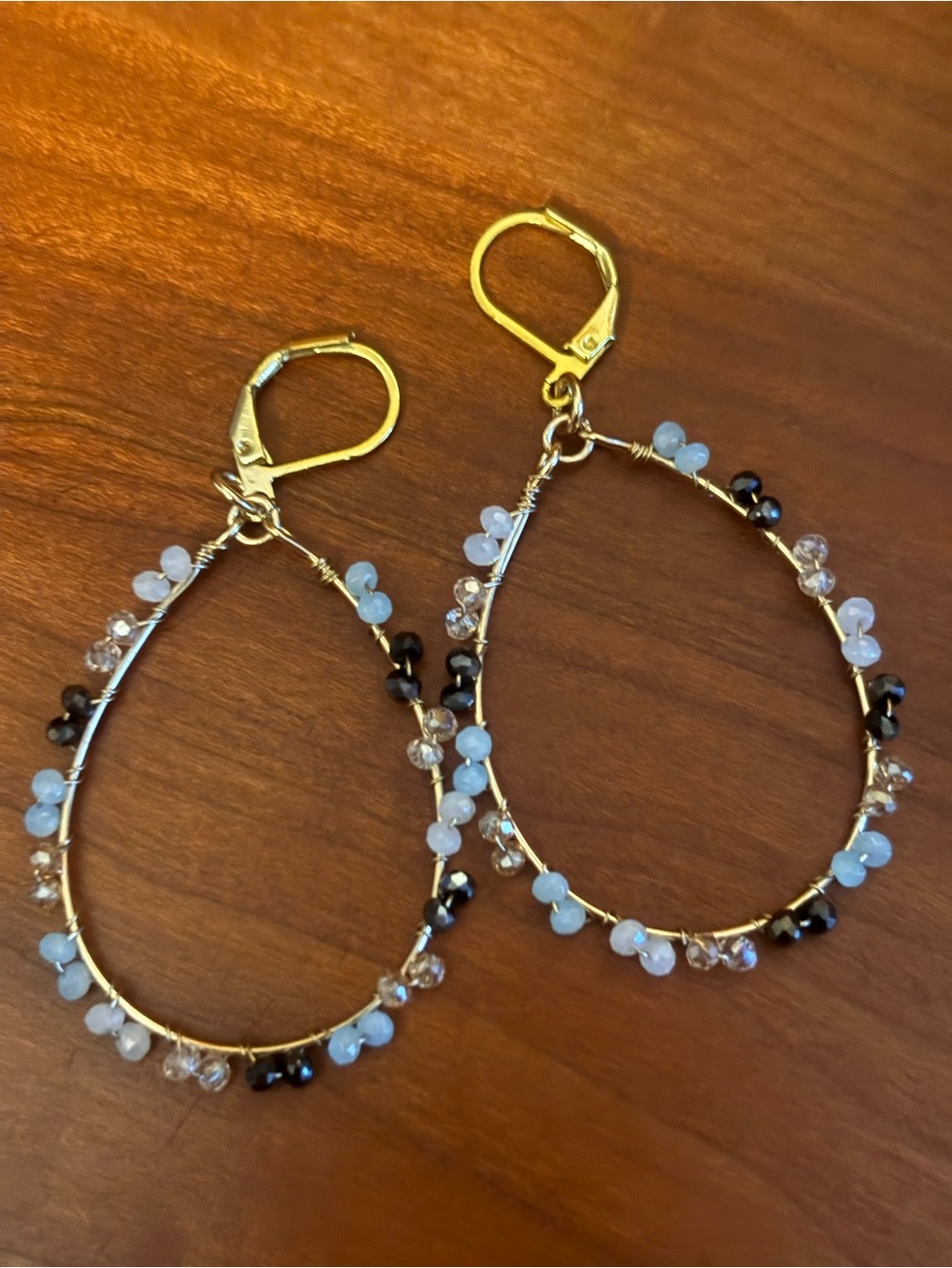 Gold Hoop Dangle Earrings with Blue, Black and Clear Beads
